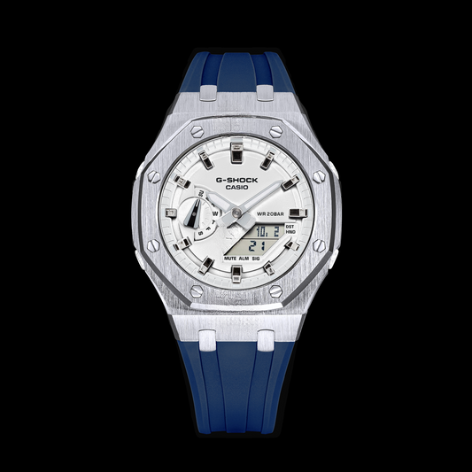Montre Mini CasiOak Silver 42 mm - Cadran blanc (bracelets en résine bleue et index argentés brillants)