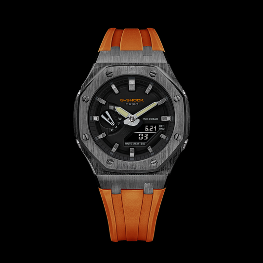 CasiOak Gunmetal - Cadran noir (bracelets en résine orange et index en bronze)