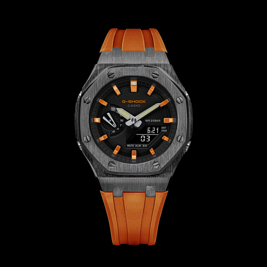 CasiOak Gunmetal - Cadran noir (bracelets en résine orange et index orange métallisés)
