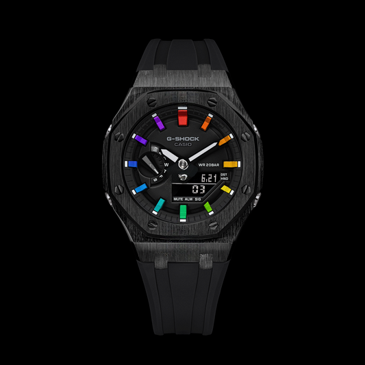 Gshock CasiOak Black - Cadran noir (bracelets en résine noire et arc-en-ciel)