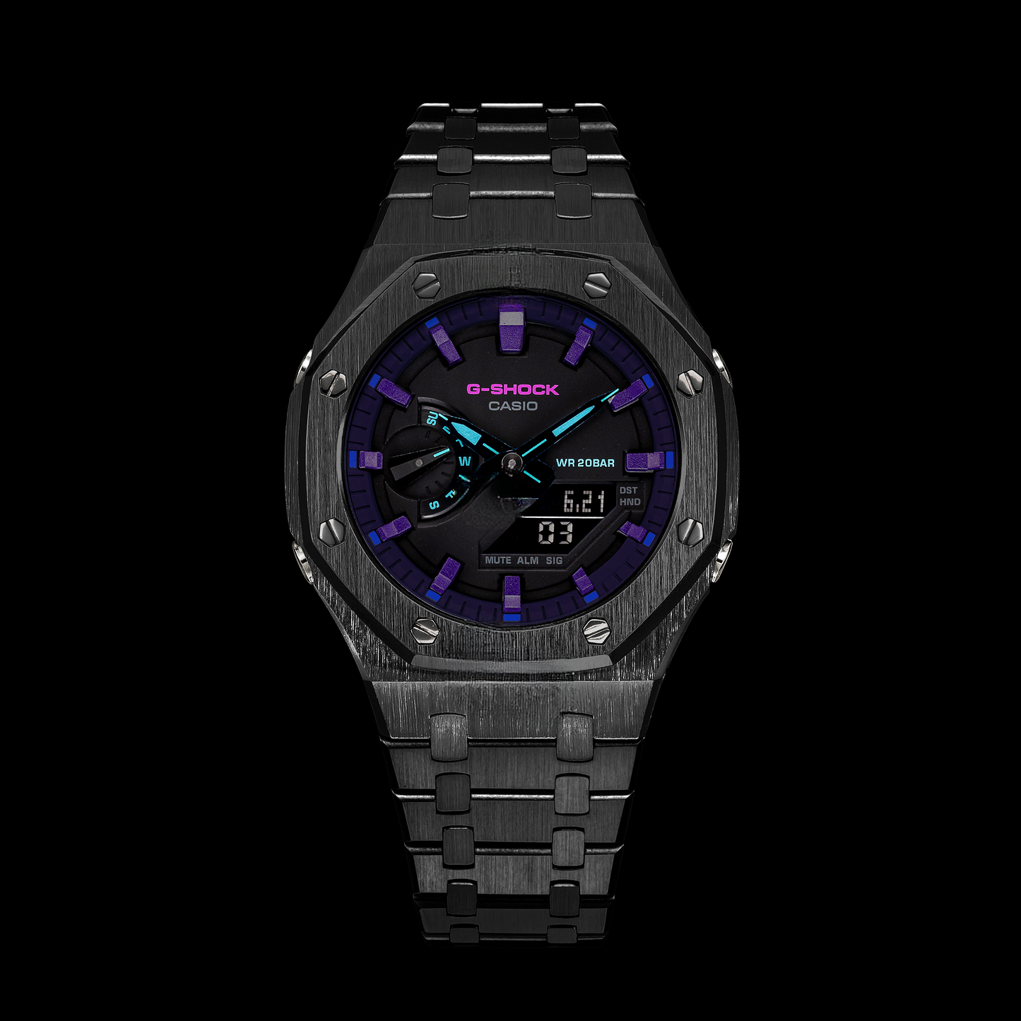 Gshock CasiOak Black - Black face (Black Steel & Purple Time Markers)