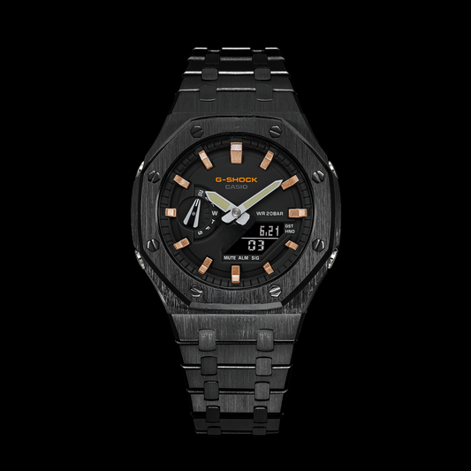 Gshock CasiOak Black - Cadran noir (Indicateurs de temps en acier noir et or rose)