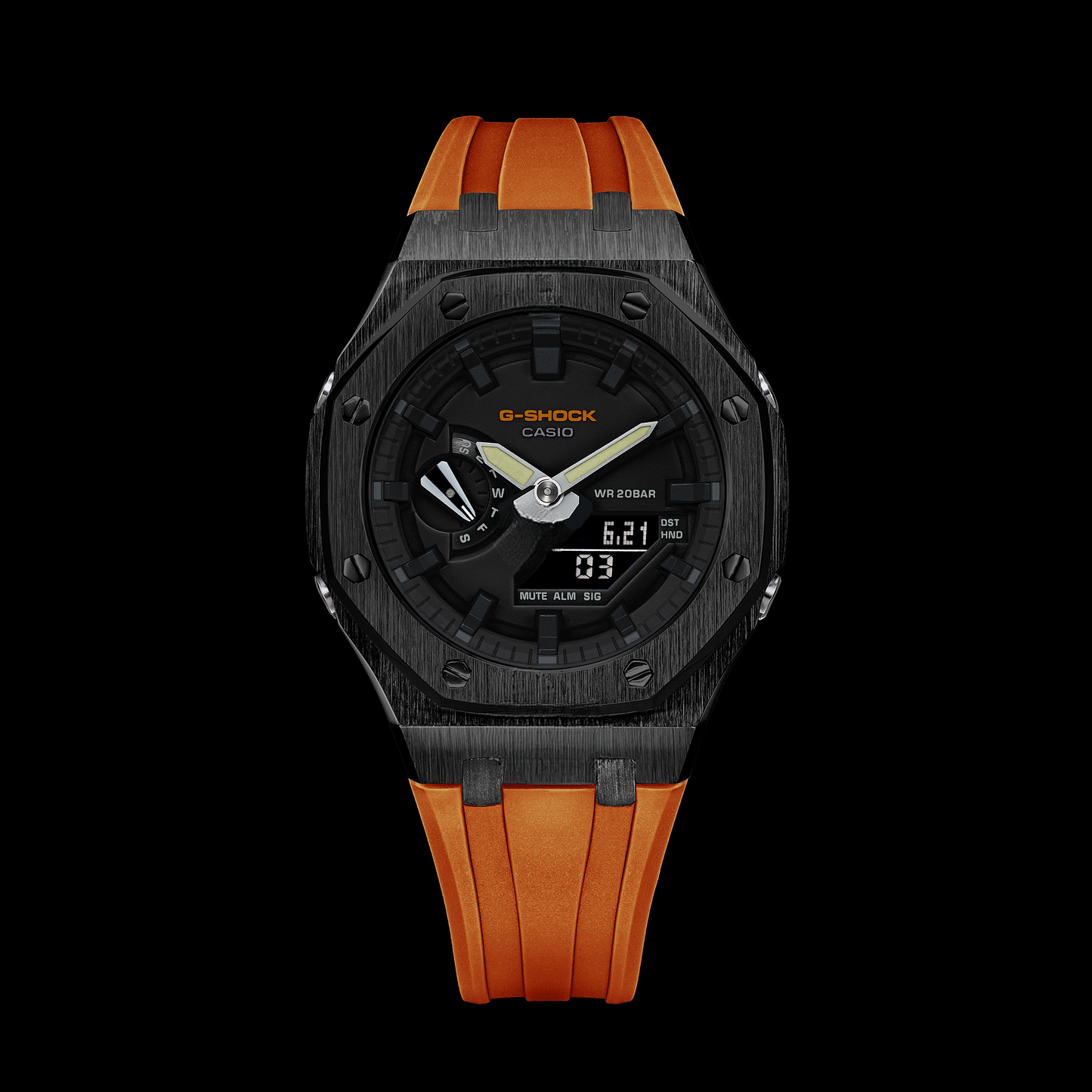 Gshock CasiOak Black - Black face (Orange Resin Straps & Black Time Markers)