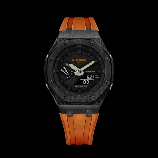 Gshock CasiOak Black - Cadran noir (bracelets en résine orange et index noirs)