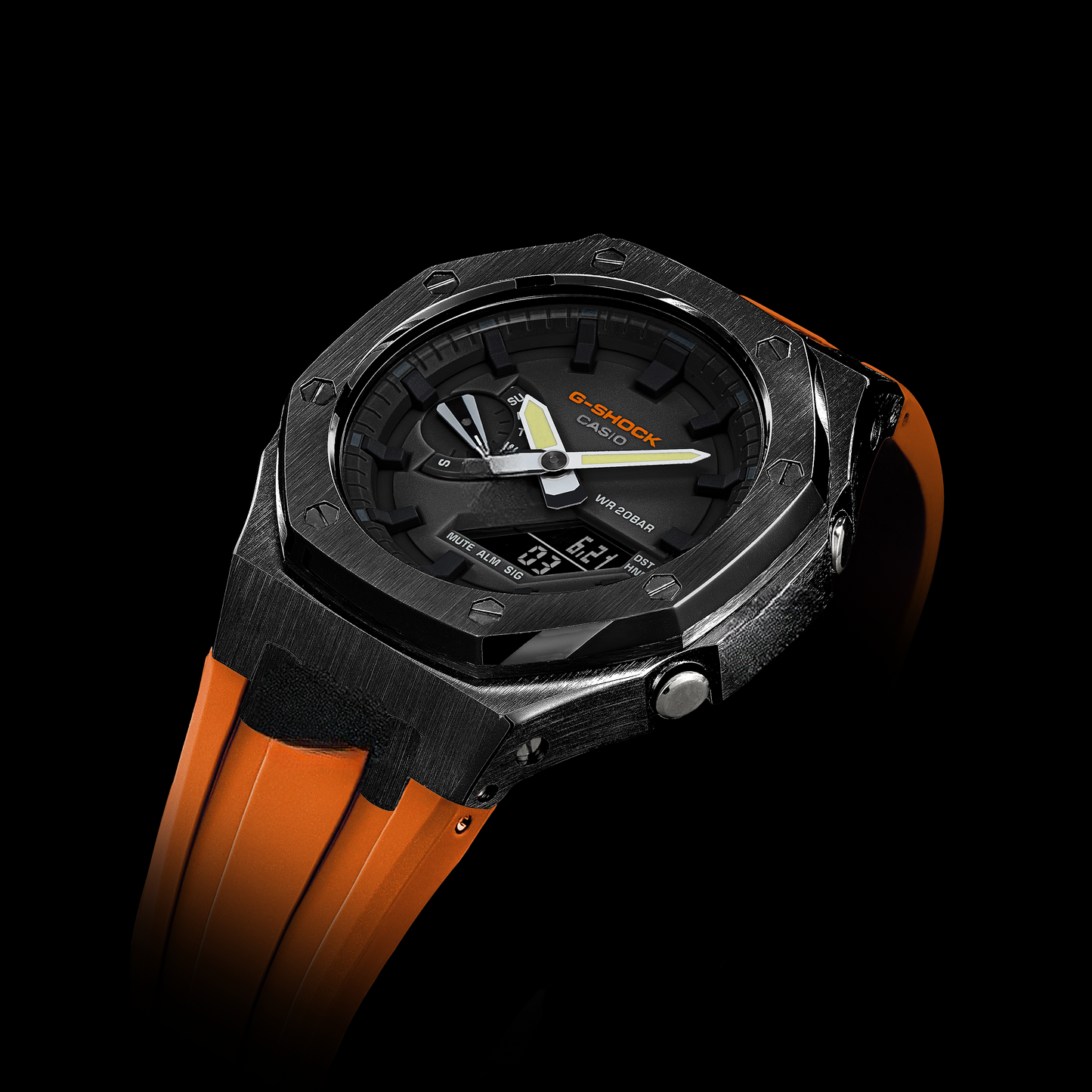 Gshock CasiOak Black - Black face (Orange Resin Straps & Black Time Markers)
