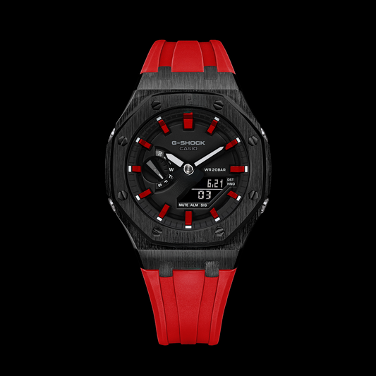 Gshock CasiOak Black - Cadran noir (bracelets en résine rouge et index)
