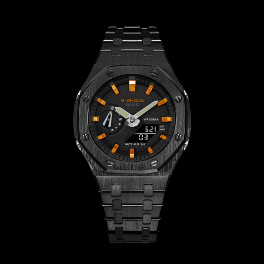 Gshock CasiOak Black - Black face (Steel & Metallic Orange Time Markers)