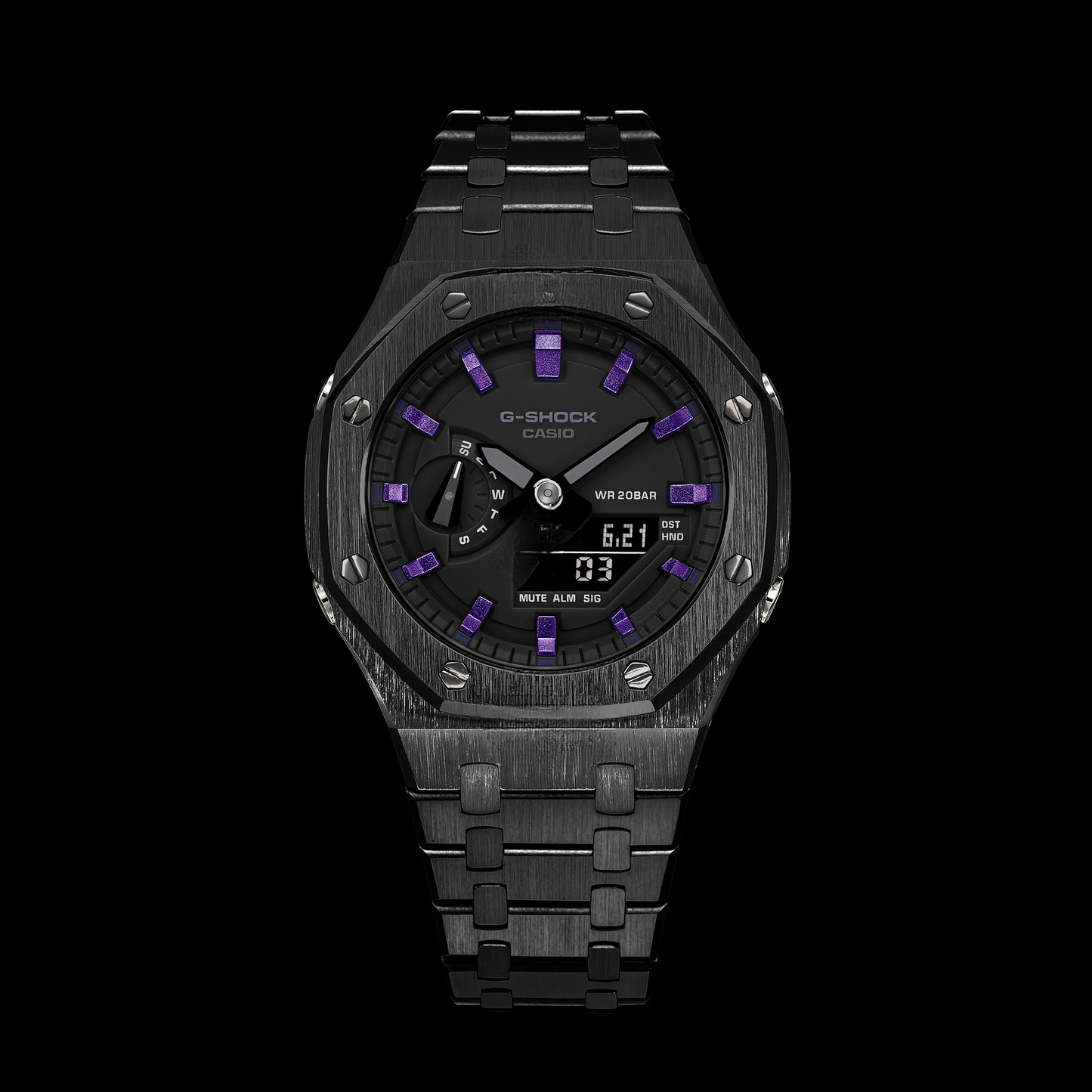 Gshock CasiOak Black - Black face (Steel & Purple Time Markers)