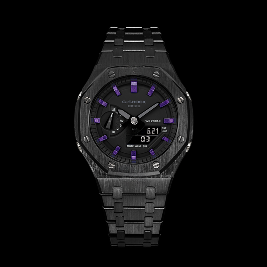 Gshock CasiOak Black - Cadran noir (Indicateurs de temps en acier et violets)