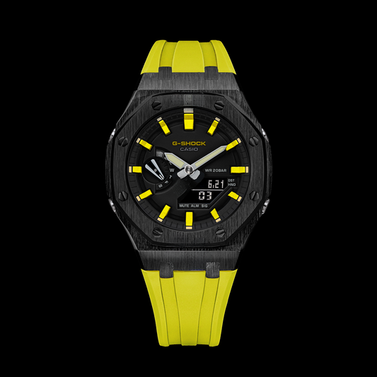 Gshock CasiOak Black - Cadran noir (bracelets et index en résine jaune)