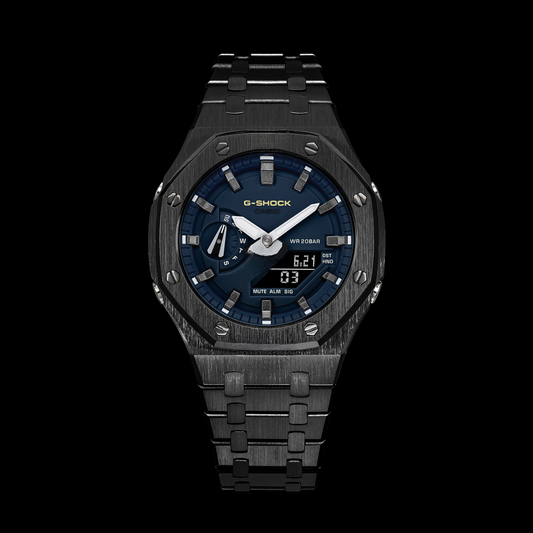 Gshock CasiOak Black - Cadran bleu (Indicateurs de temps en acier noir et bronze)