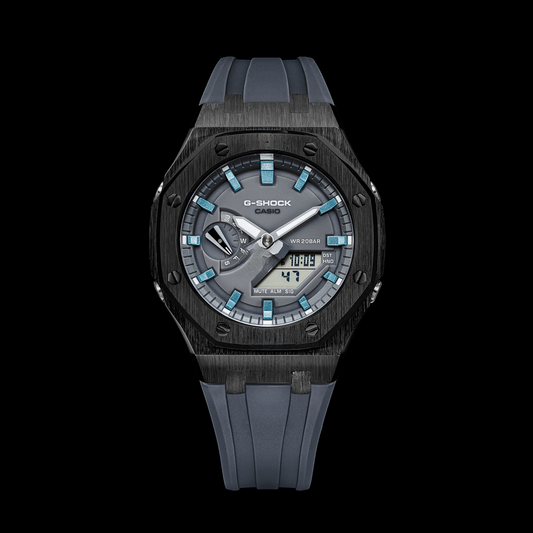Montre GShock CasiOak Black - Cadran gris (bracelets en résine grise et index bleu glacier)