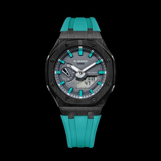 Montre GShock CasiOak noire avec cadran gris (bracelets et index en résine bleu Tiffany)