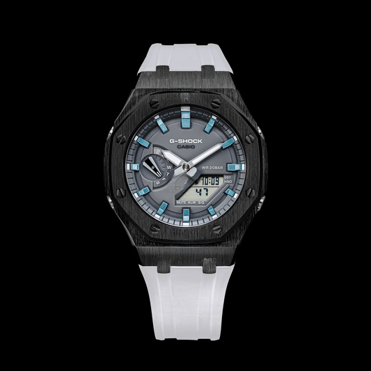Montre Gshock CasiOak noire - Cadran gris (bracelets en résine blanche et index bleu glacier)