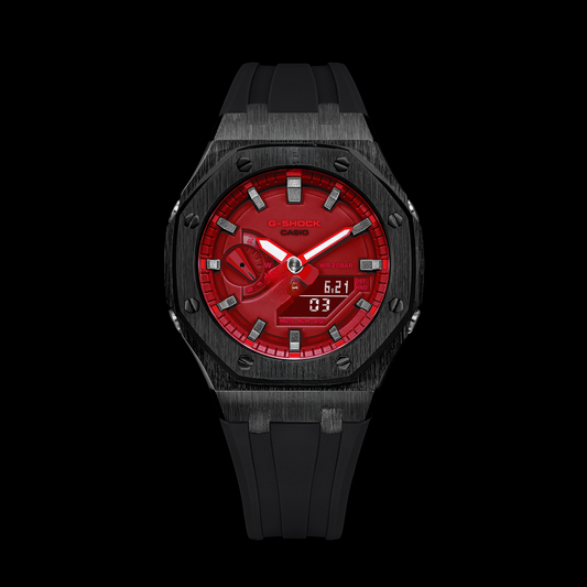 Gshock CasiOak Black - Cadran rouge (bracelets en résine noire et marqueurs bronze)