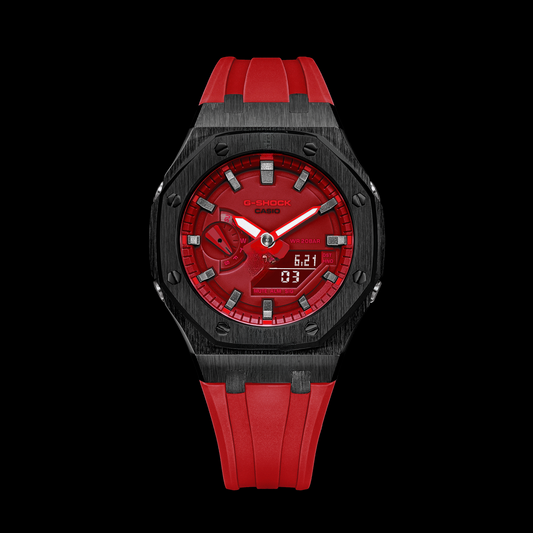 Gshock CasiOak Noir - Cadran rouge (bracelets en résine rouge et marqueurs bronze)