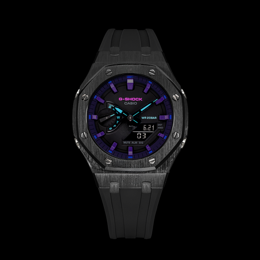 Montre Gshock CasiOak Black - Cadran VB1A (bracelets en résine noire et index violets)