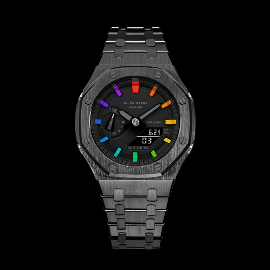 Gshock CasiOak Gunmetal - Face noire (acier et arc-en-ciel)