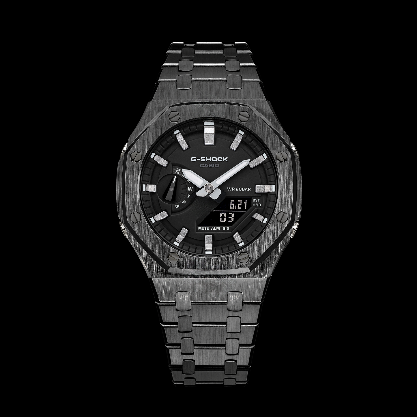 Gshock CasiOak Gunmetal - Cadran noir (index des heures en acier et argent)