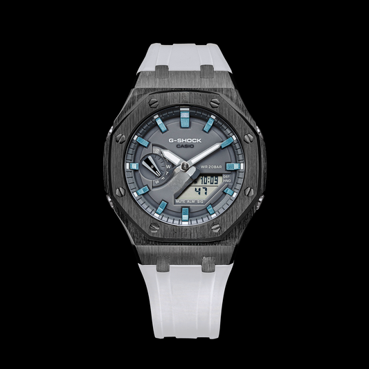 Gshock CasiOak Gunmetal - Cadran noir (acier et index bleu Tiffany)