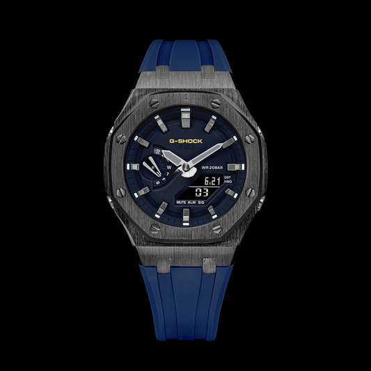 Gshock CasiOak Gunmetal - Cadran bleu (bracelets bleus et index en bronze)