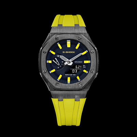 Gshock CasiOak Gunmetal - Cadran bleu (bracelets et marqueurs en résine jaune)
