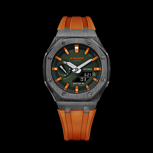 Gshock CasiOak Gunmetal - Green face (Orange Resin Straps & Time Markers)