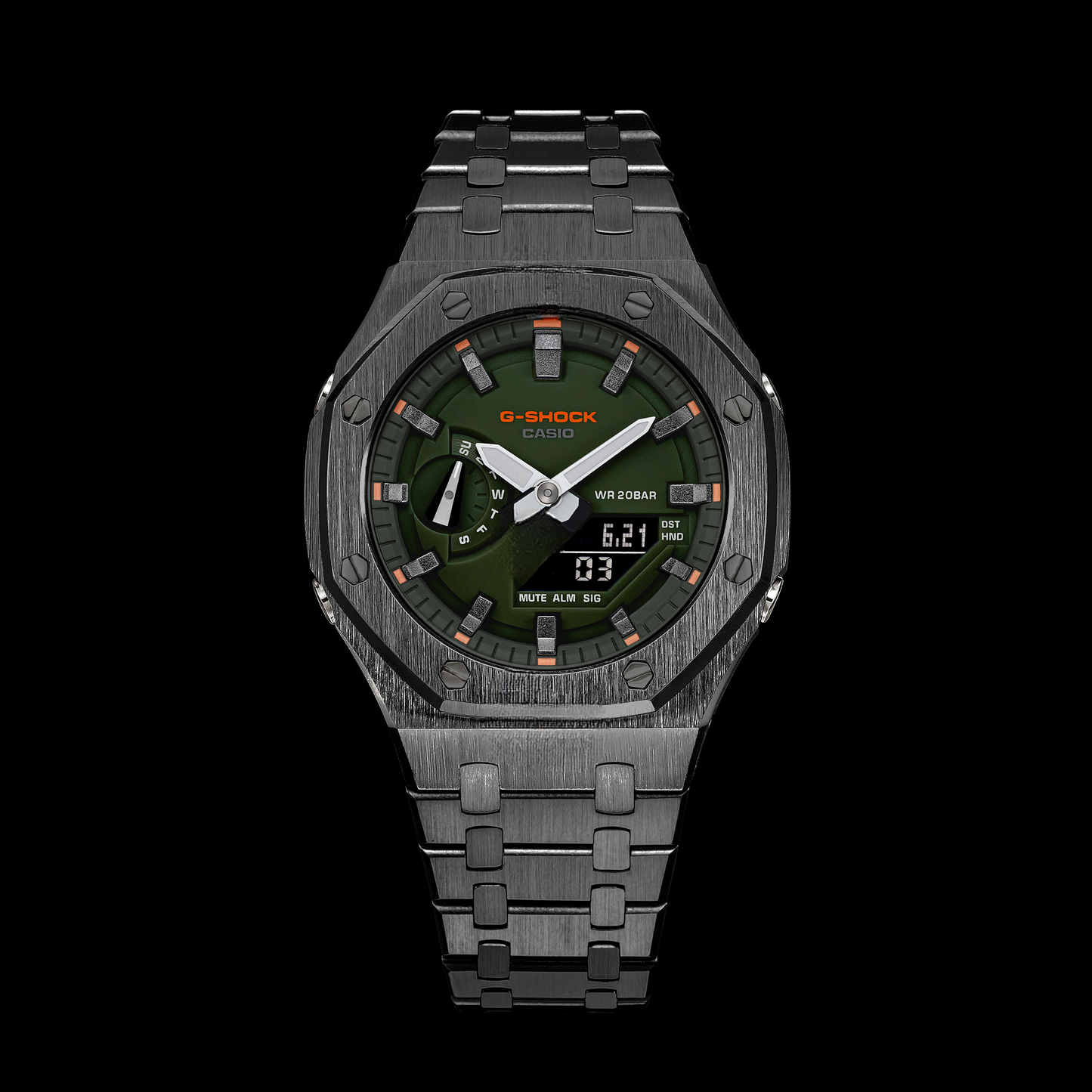 Gshock CasiOak Gunmetal - Cadran vert (index des heures en acier et bronze)