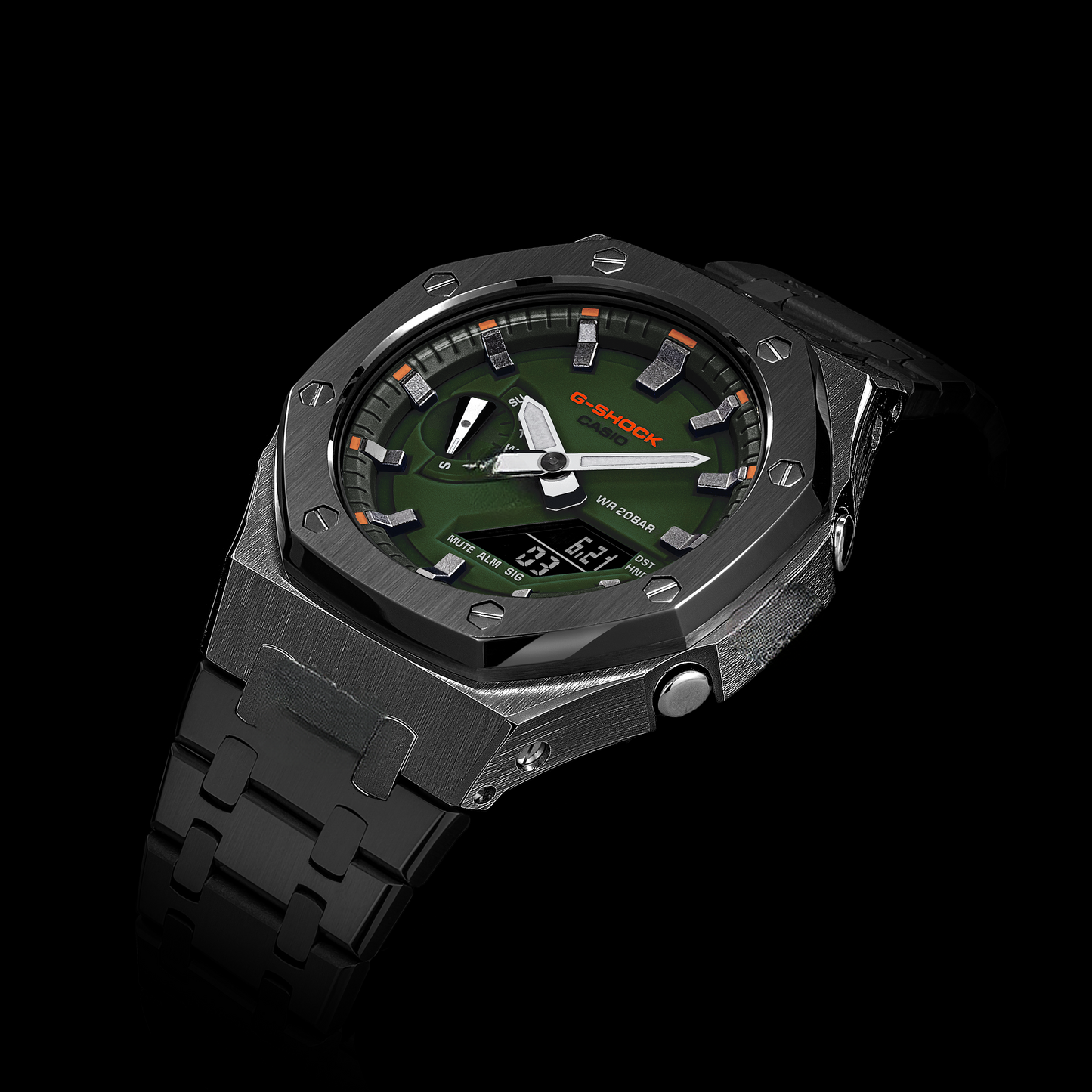Gshock CasiOak Gunmetal - Cadran vert (index des heures en acier et bronze)