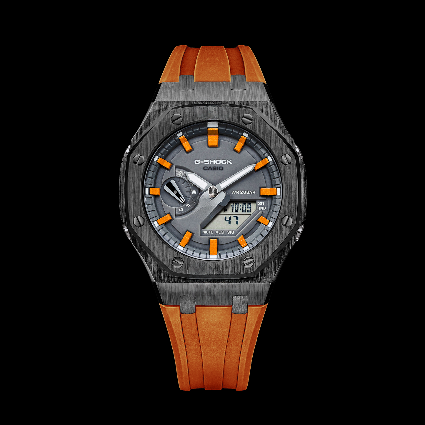 Gshock CasiOak Gunmetal - Grey face (Orange Resin Straps & Metallic Orange Time Markers)