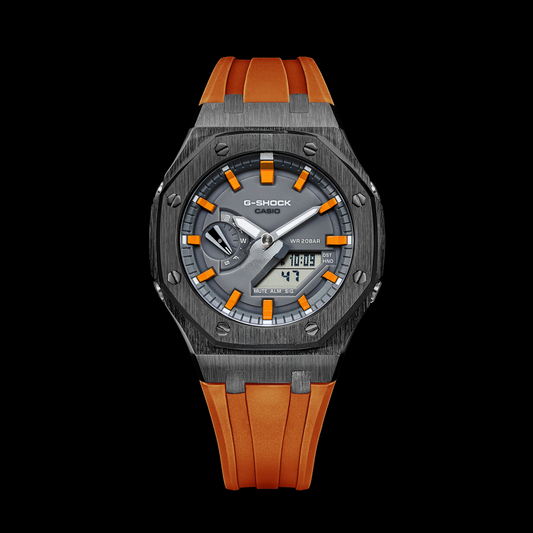Gshock CasiOak Gunmetal - Grey face (Orange Resin Straps & Metallic Orange Time Markers)