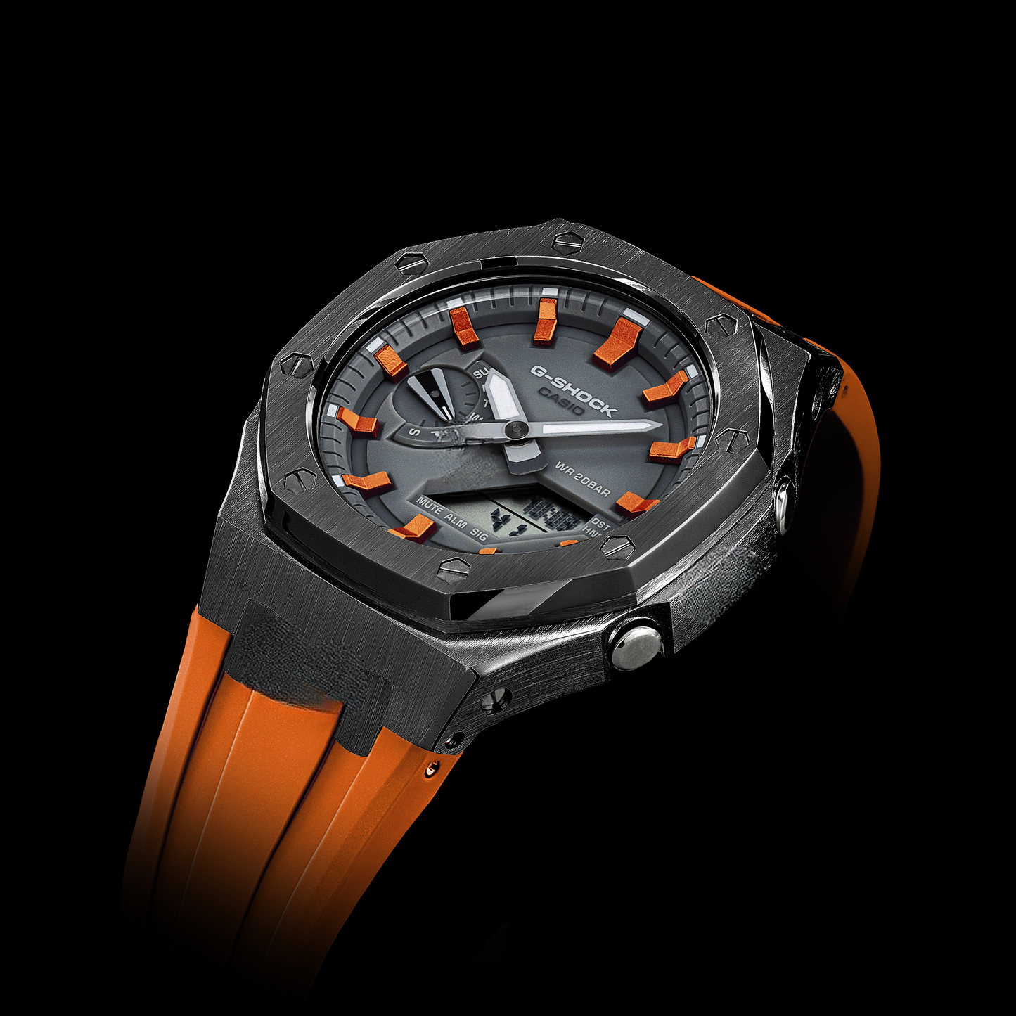 Gshock CasiOak Gunmetal - Grey face (Orange Resin Straps & Metallic Orange Time Markers)