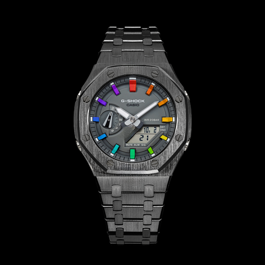 Gshock CasiOak Gunmetal - Face grise (acier et arc-en-ciel)