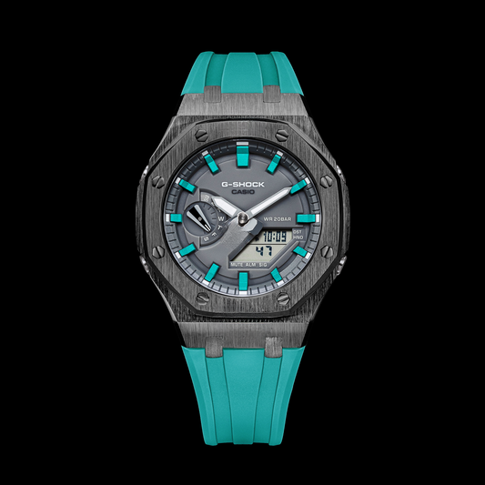 Montre Gshock CasiOak Gunmetal - Cadran gris (bracelets et index en résine bleu Tiffany)