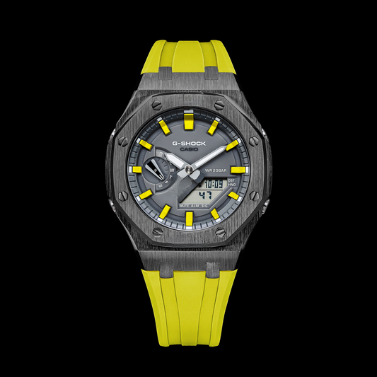 Gshock CasiOak Gunmetal - Cadran gris (bracelets en résine jaune et marqueurs de temps)