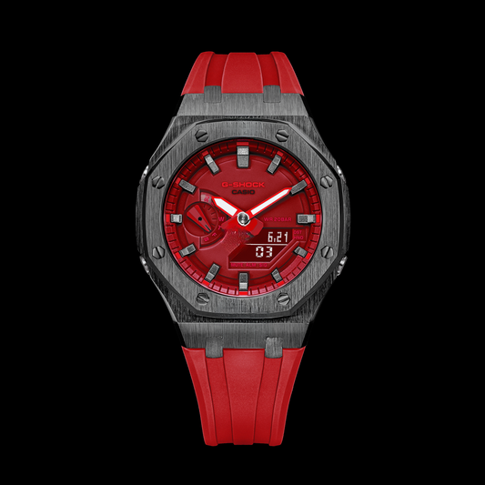 Gshock CasiOak Gunmetal - Face rouge (bracelets en résine rouge et marqueurs Gunmetal)