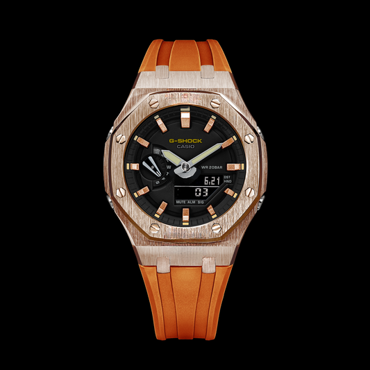 Gshock CasiOak Rose Gold - Black face (Orange Resin Straps & Rose Gold Time Markers)