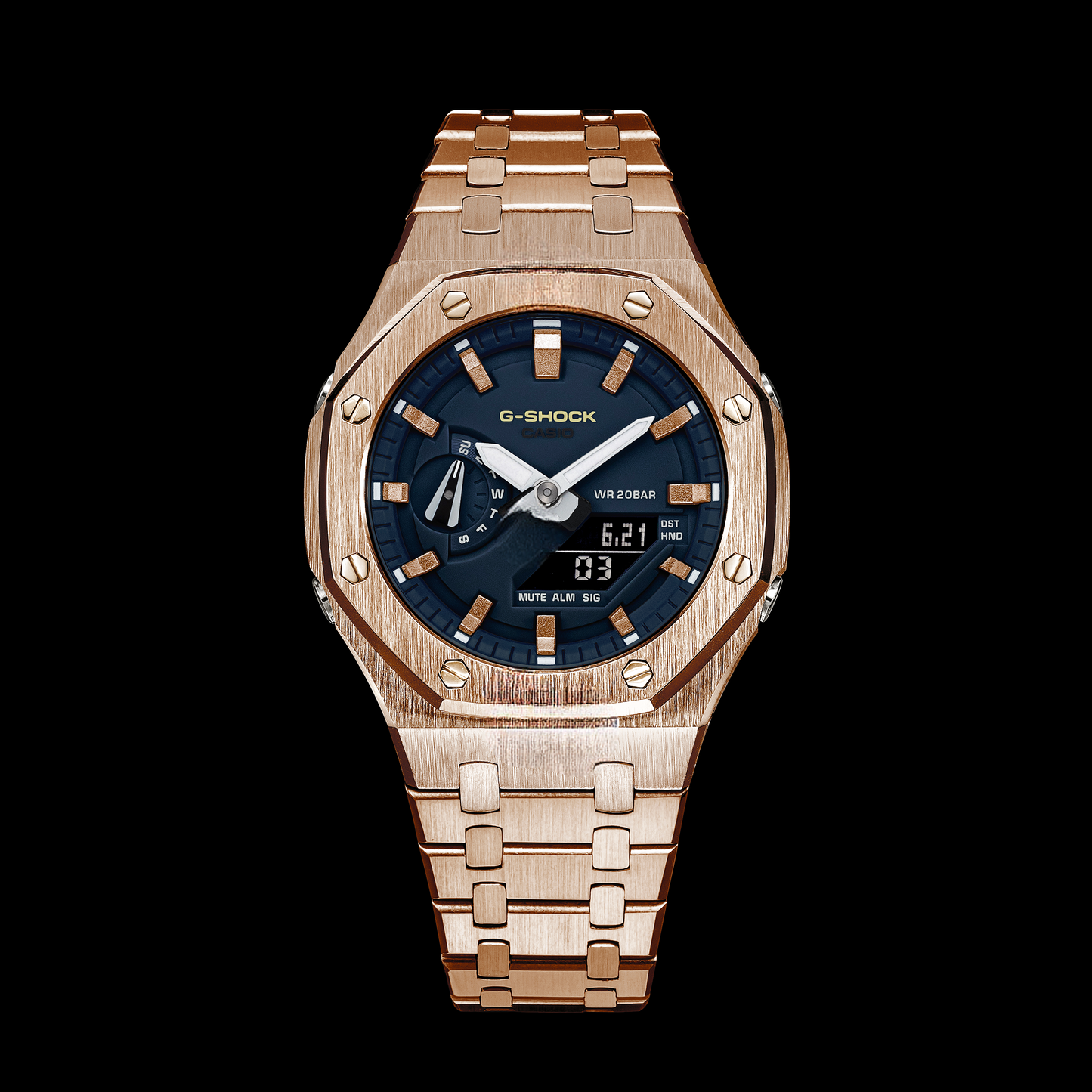 Gshock CasiOak Rose Gold - Cadran bleu (Indicateurs de temps en acier et or rose)