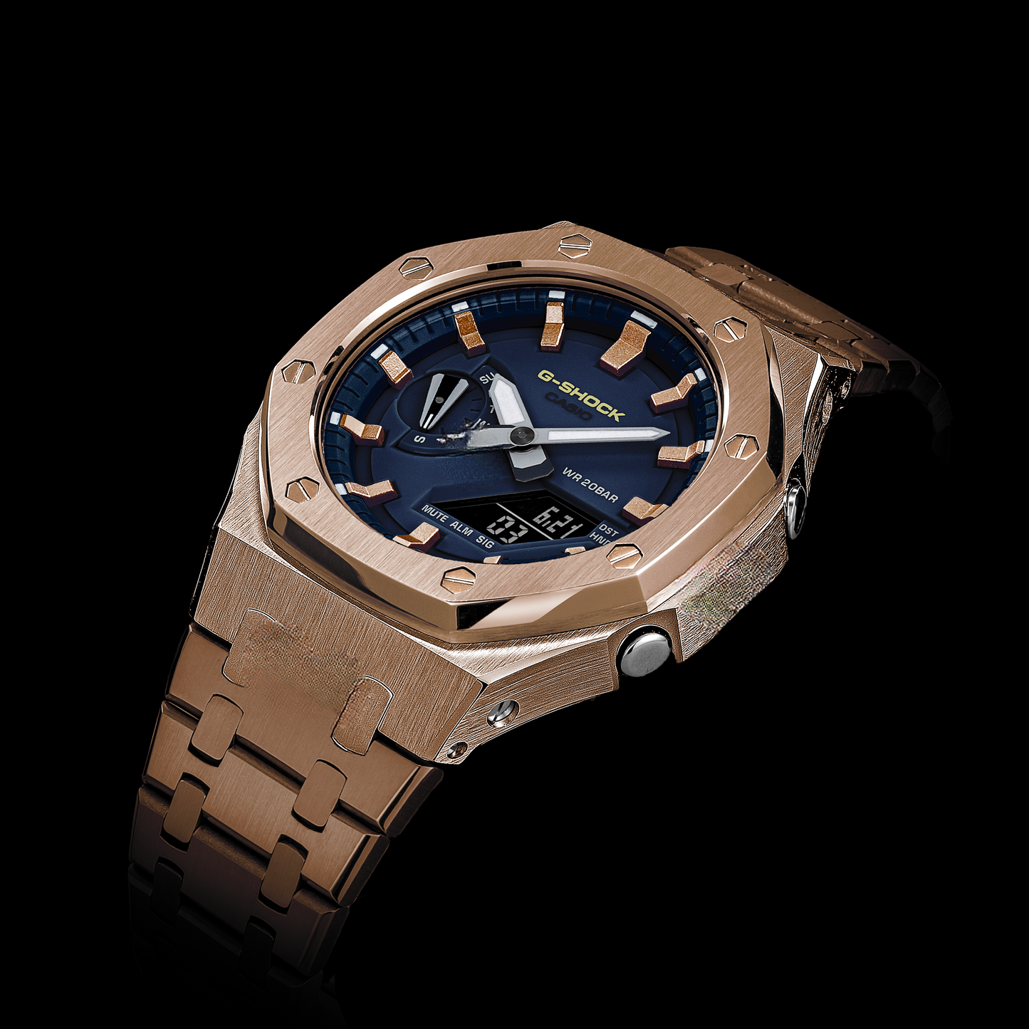 Gshock CasiOak Rose Gold - Cadran bleu (Indicateurs de temps en acier et or rose)
