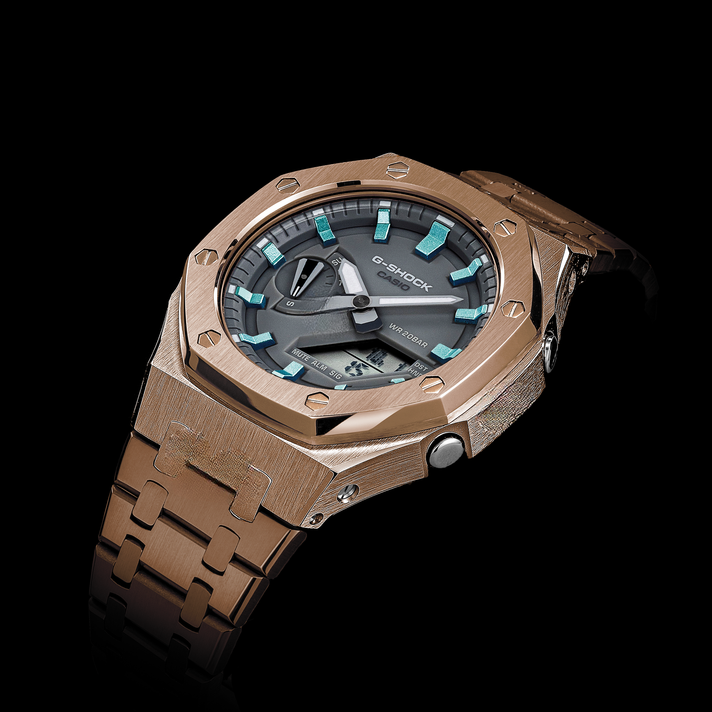 Gshock CasiOak Rose Gold - Cadran gris (Indicateurs de temps acier et bleu glacier)
