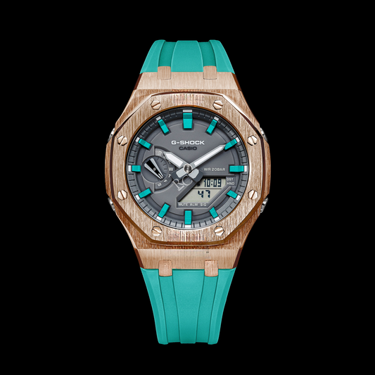 Montre Gshock CasiOak Or Rose - Cadran Gris (Bracelets et Index en Résine Bleu Tiffany)