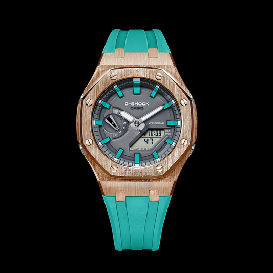 Gshock CasiOak Rose Gold - Grey face (Tiffany Blue Straps & Time Markers)
