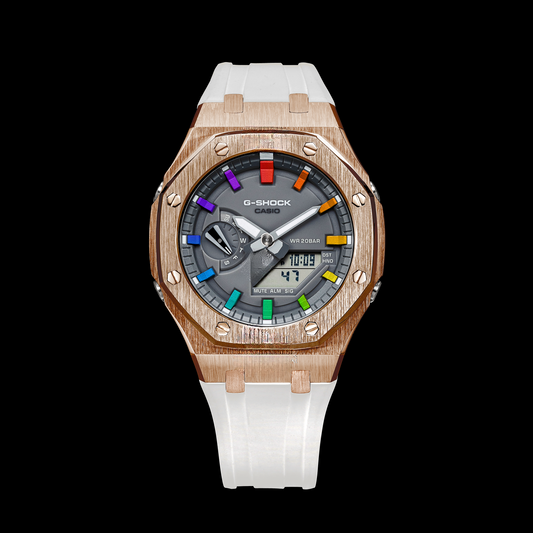 Gshock CasiOak Rose Gold - Cadran gris (bracelets en résine blanche et arc-en-ciel)