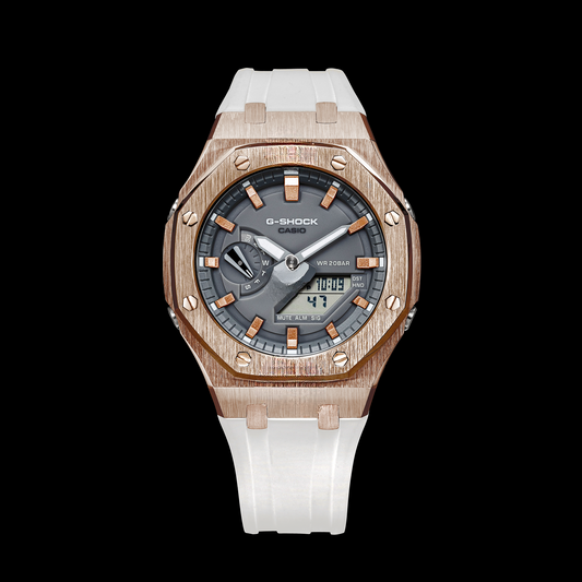 Gshock CasiOak Rose Gold - Grey face (White Resin Straps & Rose Gold Time Markers)