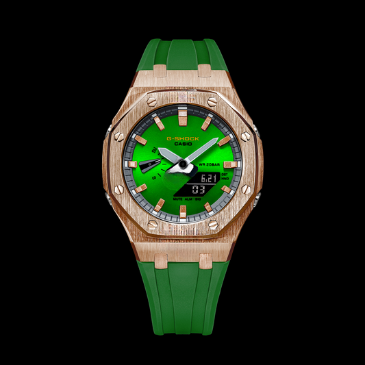 Gshock CasiOak Rose Gold - Metallic Green face (Green Resin Straps & Rose Gold Time Markers)