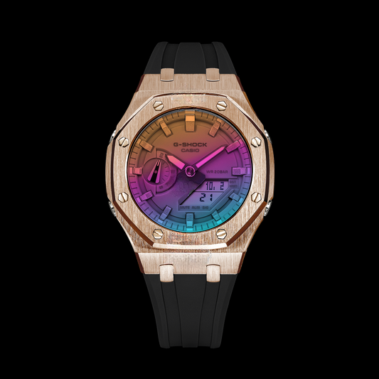 Gshock CasiOak Rose Gold - Cadran arc-en-ciel (bracelets en résine noire)