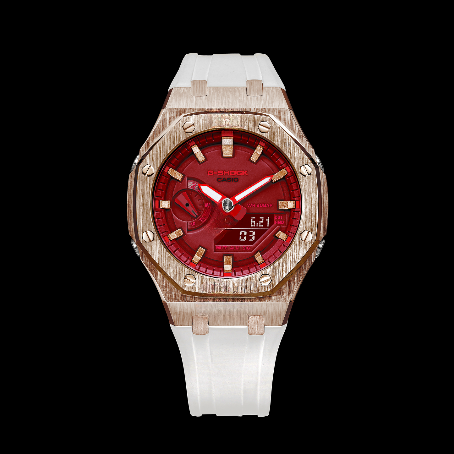 Montre Gshock CasiOak Rose Gold - Cadran rouge (bracelets en résine blanche et index en or rose)