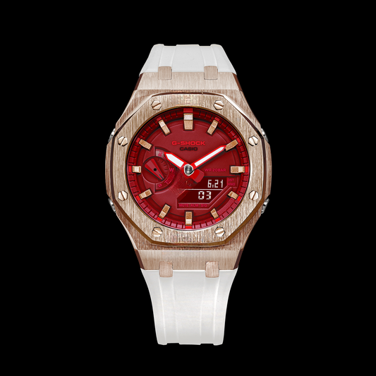 Gshock CasiOak Rose Gold - Red face (White Resin Straps & Rose Gold Time Markers)