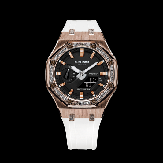 Gshock CasiOak Rose Gold Diamond -Black face (White Resin Straps & Rose Gold Time Markers)