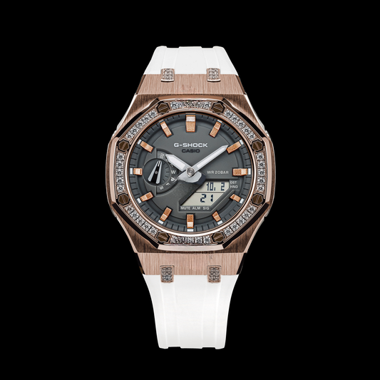 Gshock CasiOak Rose Gold Diamond - Grey face (White Resin Straps & Rose Gold Time Markers)